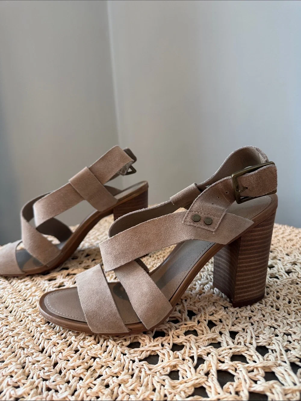 Franco Sarto Taupe Suede Cross-Strap Block Heel Sandals